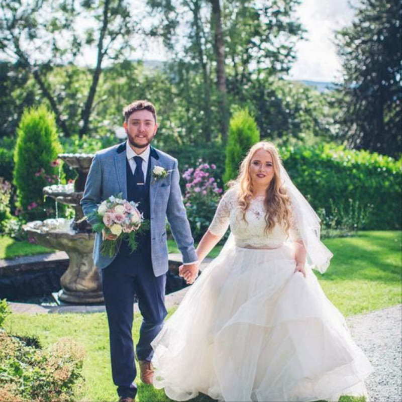 Bride and groom beside their wedding car