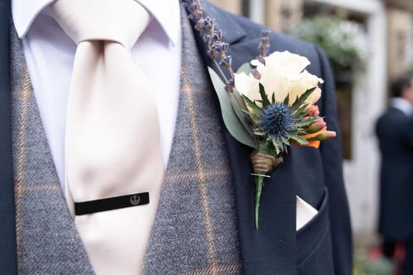 Blue and white wedding flower arrangement